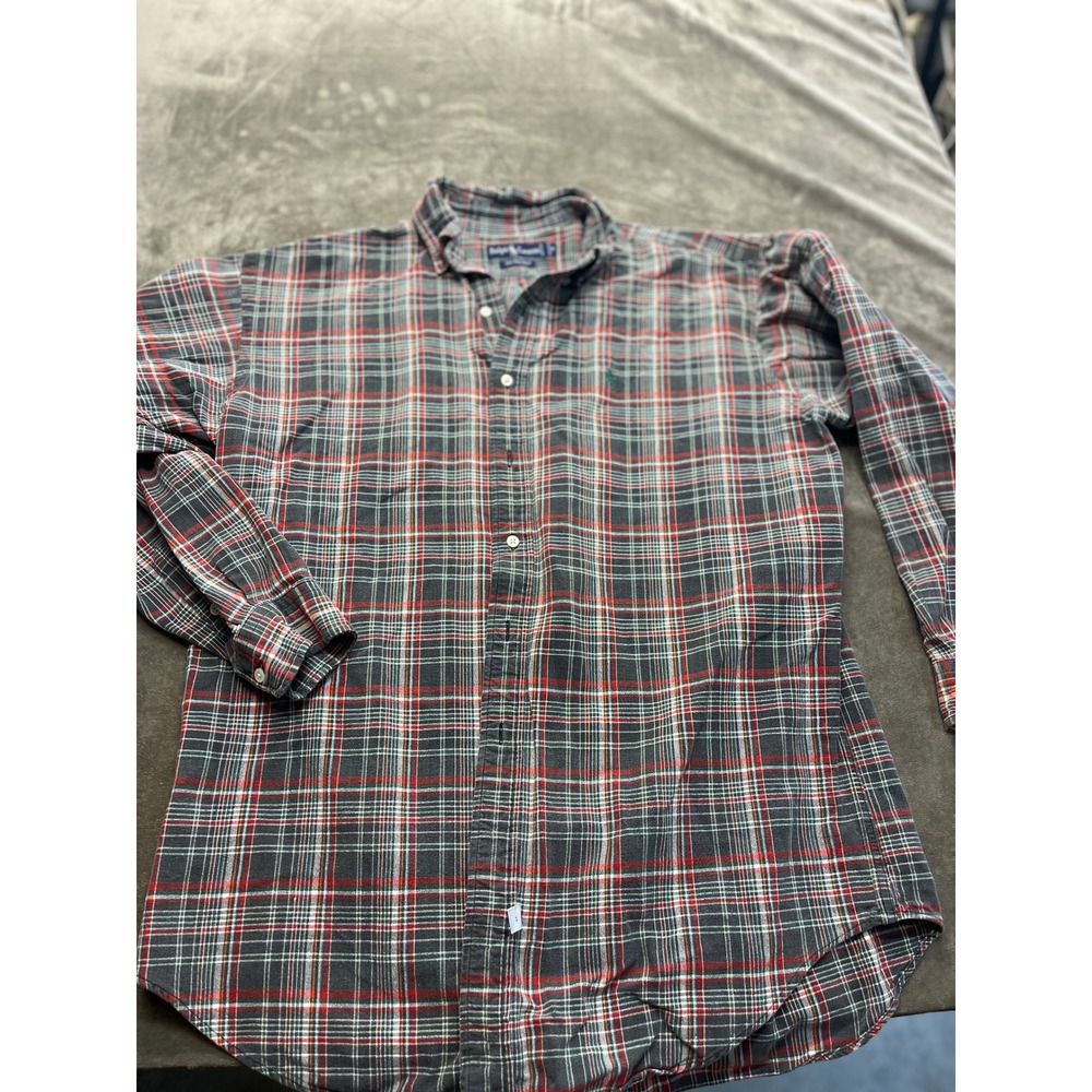 Ralph Lauren The‎ Big Shirt Mens Medium Grey Red Plaid Cotton Button Down Pony